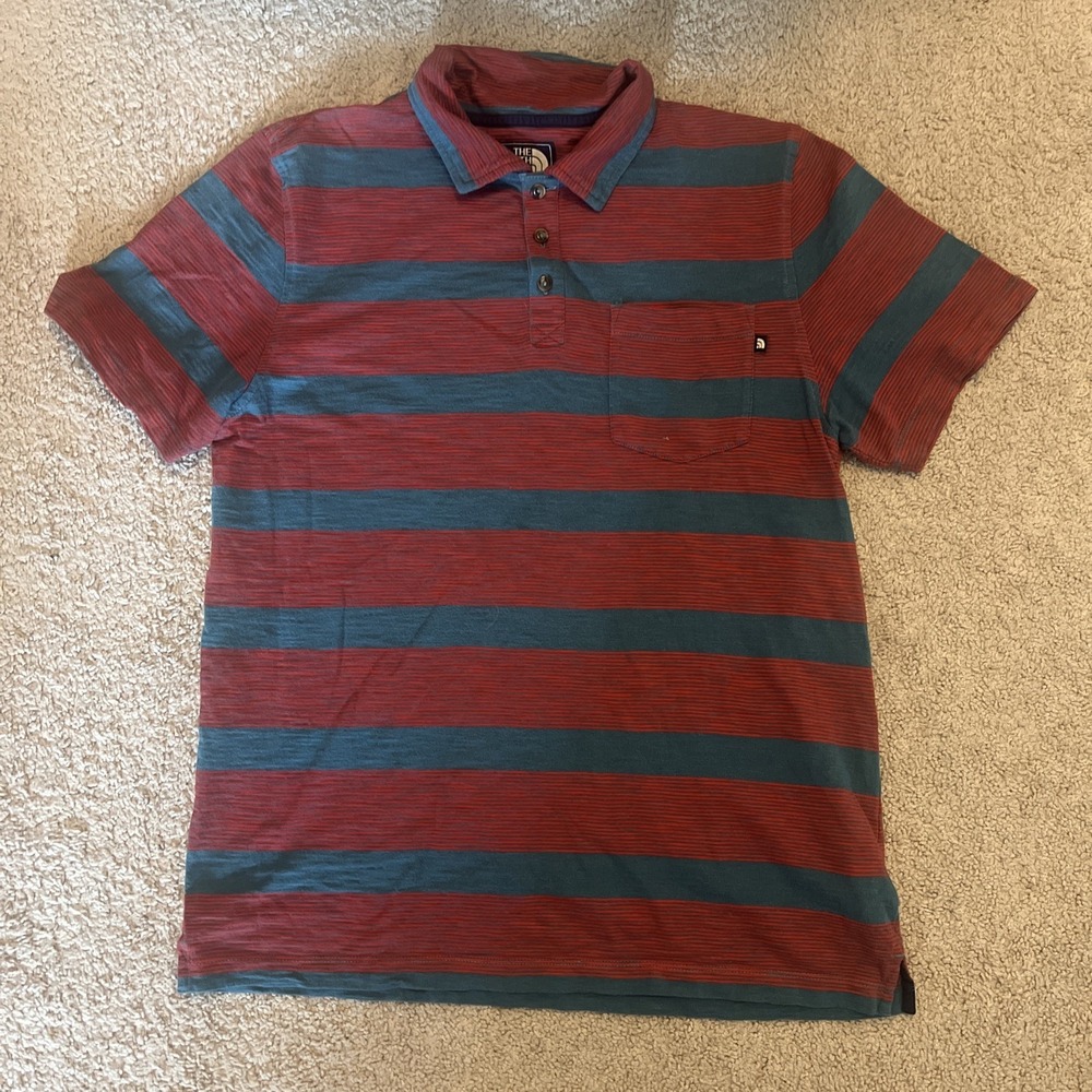 The North Face Polo Shirt Mens Medium Red Blue Striped Chest Pocket Casual